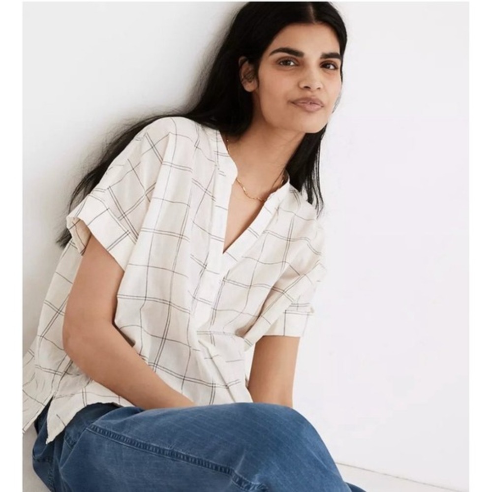 Madewell Shirt Womens XS White Check Boxy V Neck‎ Cotton Pullover Short Sleeve